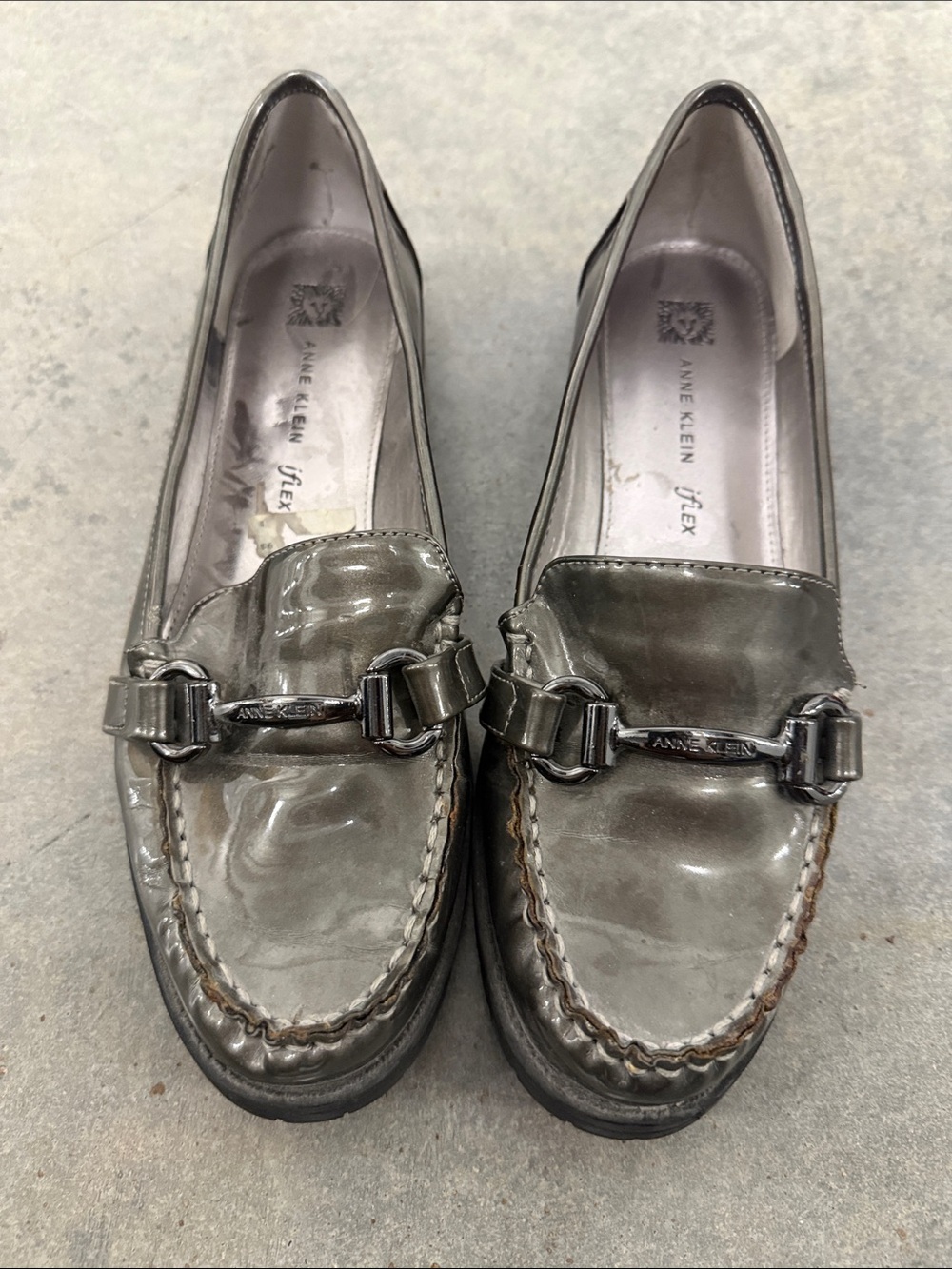 Anne Klein Metallic Gray Slip-On Loafers with Bit Hardware